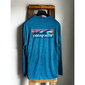Patagonia Daily Tech Mens Large Blue Heather Wave Graphic Long Sleeve UPF 50 Tee